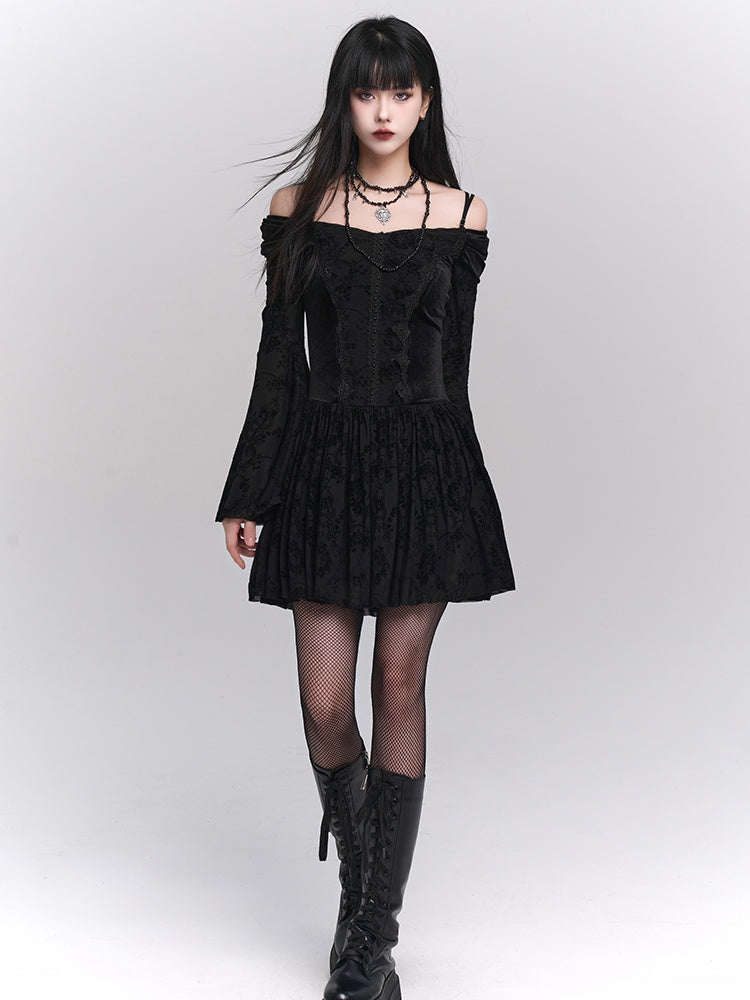 Black Velvet Off-Shoulder Bell-Sleeve Dress with Lace Trim - Lady Ghost