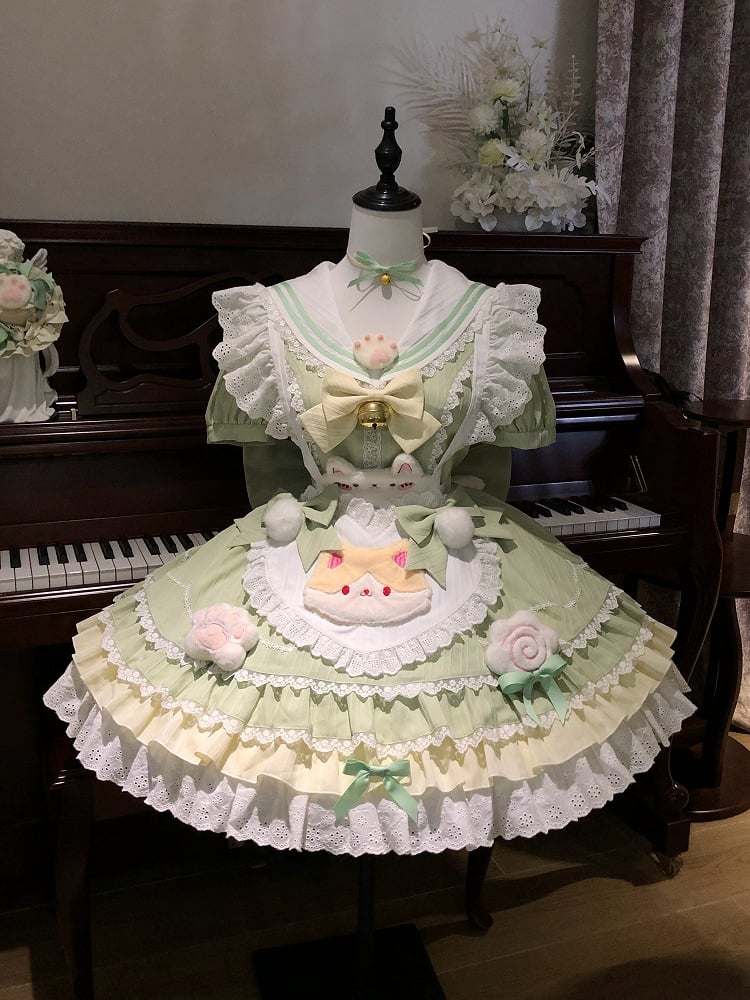 Herzförmige grüne Lolita-Schürze mit Maid-Matcha-Kragen, süßes Matrosen-Kätzchen-Kleid
