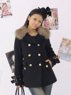 Black Wool Double-Breasted Coat with Faux Fur Collar and Gyaru-Style Buckle Detailing
