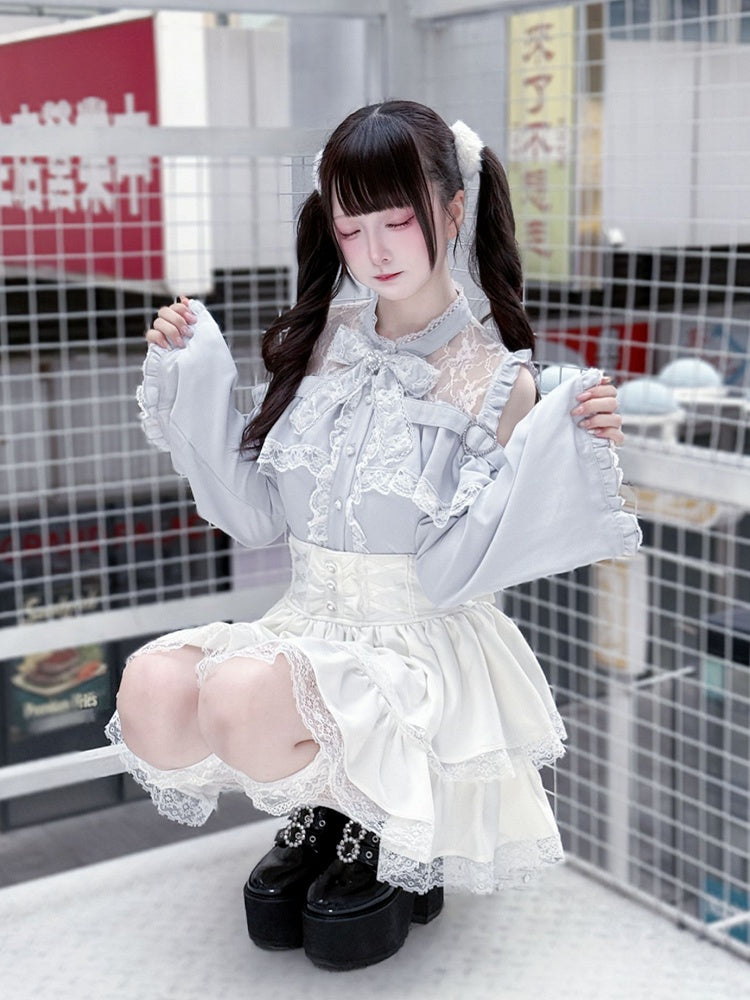 Three-Piece Sleeve Jirai Blouse Flared Blue Kei Set: Cutout Shoulder