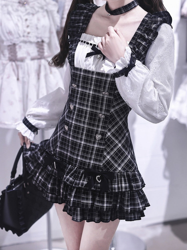 Jirai Kei Two-Piece Set: Plaid Square-Neck Long-Sleeve Dress & Ruffle Shorts - Ekomi