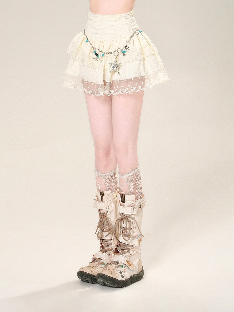 ウエストハイアプリコットスカートメッシュレーストリムグラマラスティアードミニ