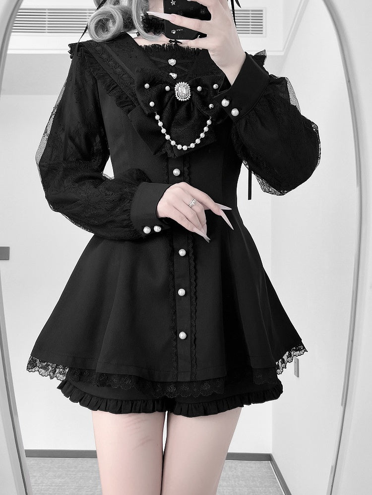 Set: Kei Coord Sleeve Navycore Dress Collar x Long Jirai Matching All-Black Shorts Sailor