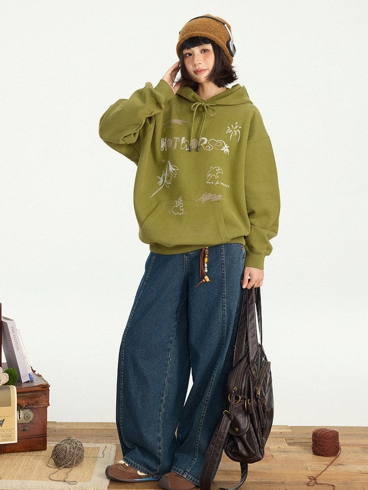 Front Pocket Cute Pullover - Hoodie Print Hood Vintage Green Drawstring Pouch