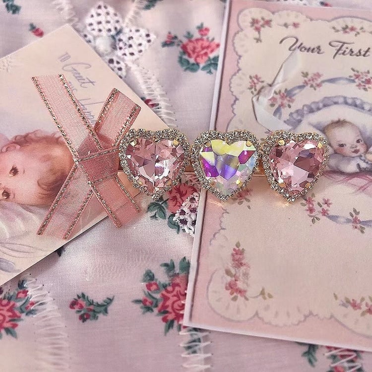 Hairclip Bow Heart Pink Rhinestone Decorated
