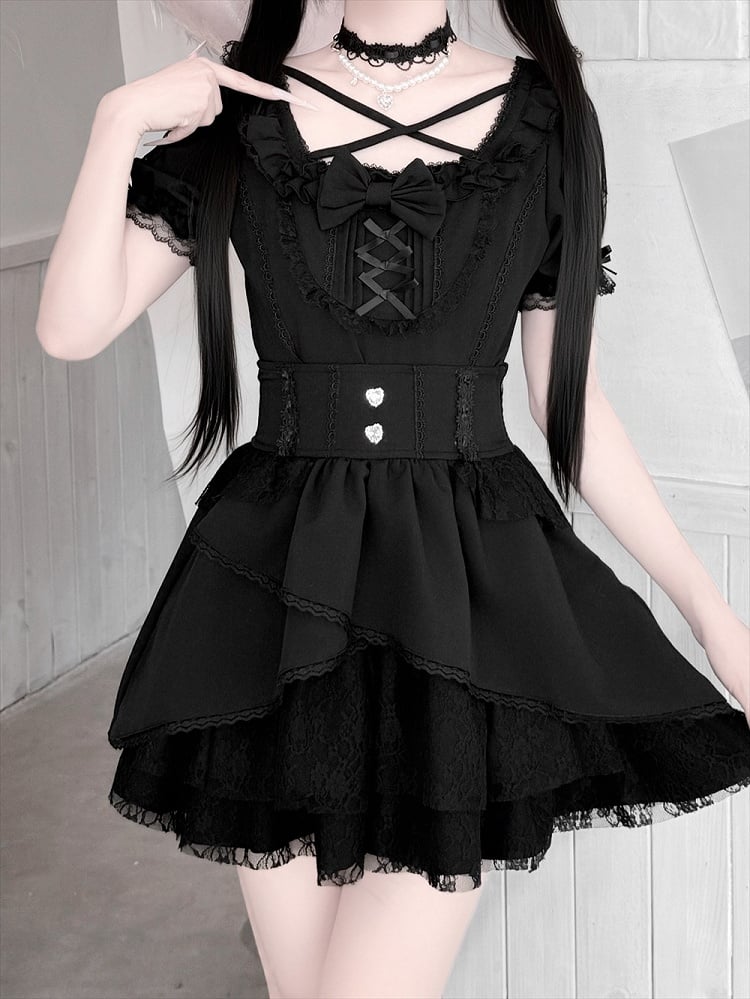 Jirai-Kei Black High-Waisted Lace Skirt - Jiuniang Cherry