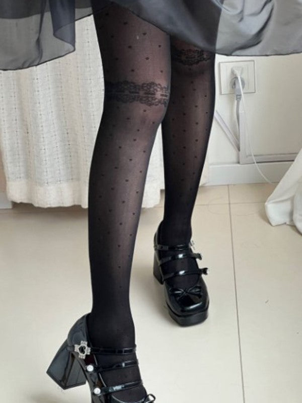 Semi-sheer Options Polka-dot 5 Bowknot Pattern Lolita Tights Black/White