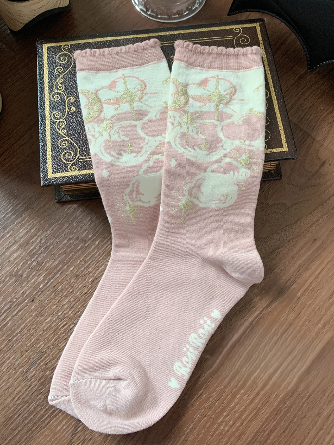 Calf Moon Socks Pattern Star Black/Pink/Blue And