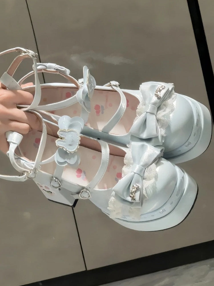 Block in Decor Platform with Sweet Satin Heels Bow Blue High