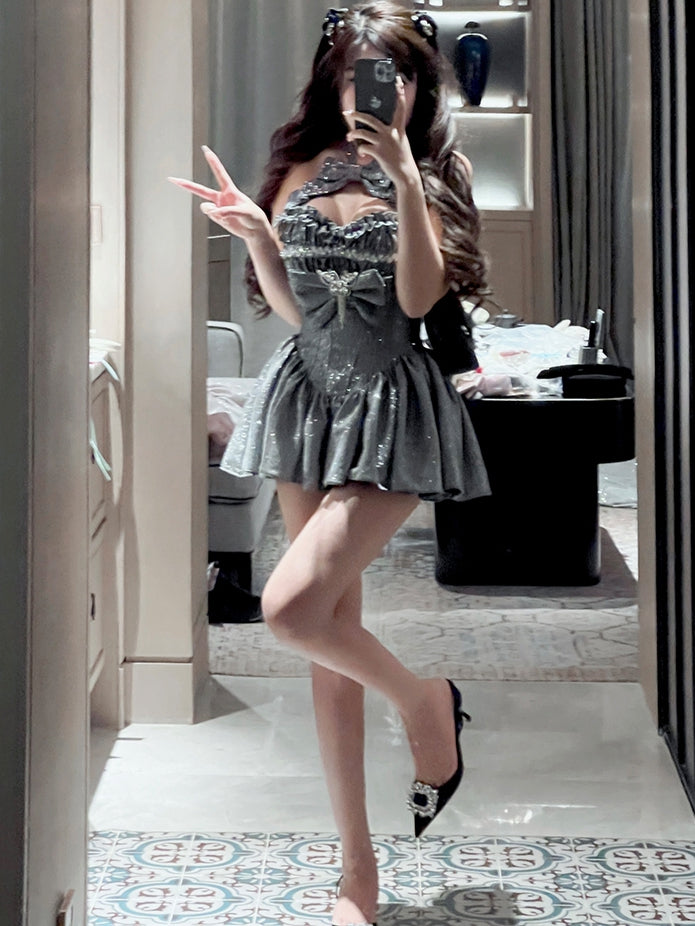 輝くグラデーションシルバーホルターネック スウィートハートネックライントップ + ロングスカート バースデーボールガウン