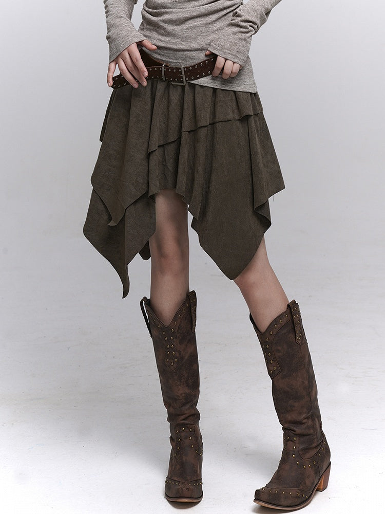 Brown Hem Millard Suede Wasteland Skirt Handkerchief A-Line Fashion Punk