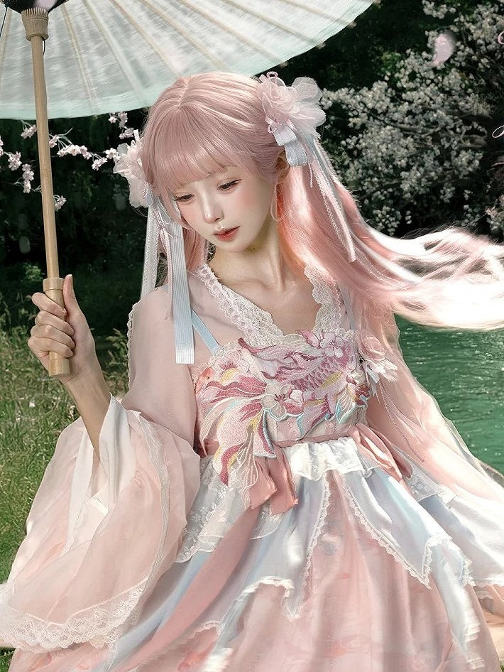 Long Ribbons Blue Lolita Flower with Pink Lace Hairclips Streaming