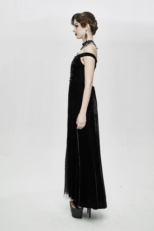 Gothic Queen Velvet Flat Shoulders Lace Up Deep V-Neck Slim Sexy Long Dress
