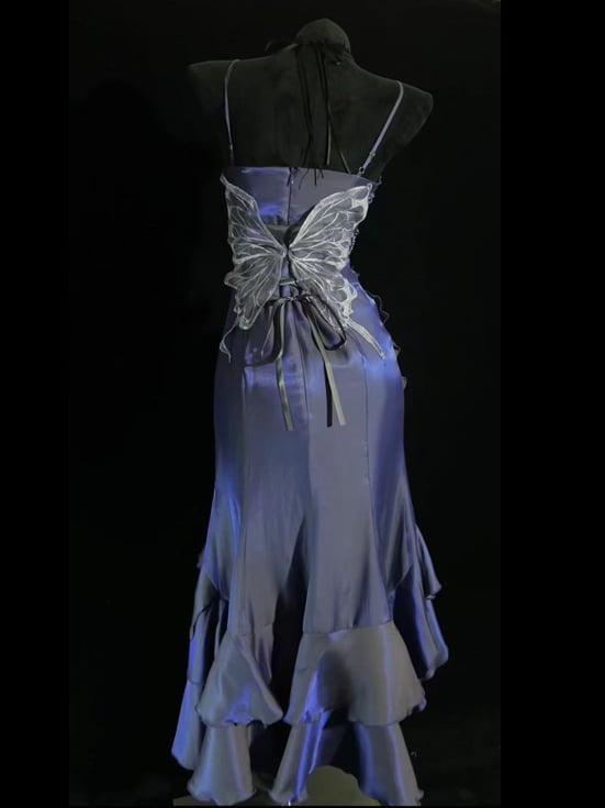 ガウンスリーブドレス、取り外し可能なイブニングマーメイド、パープルのフラウンスロゼット付き