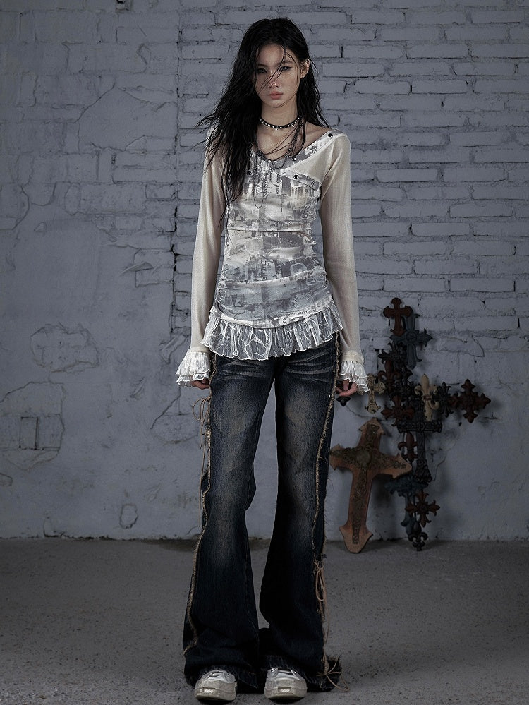 Trim Star Lace Wasteland Punk Studs verziert schwarzgrau/beige T-Shirt und