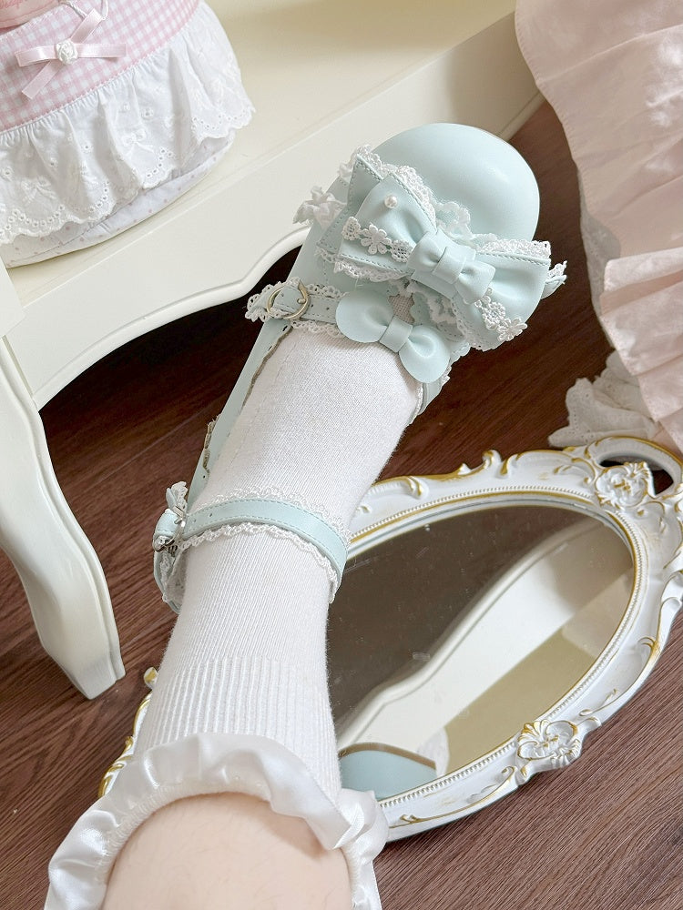 Low Sweet Green Mint Accents with Heart Heels Snap Bow Round-Toe Lolita