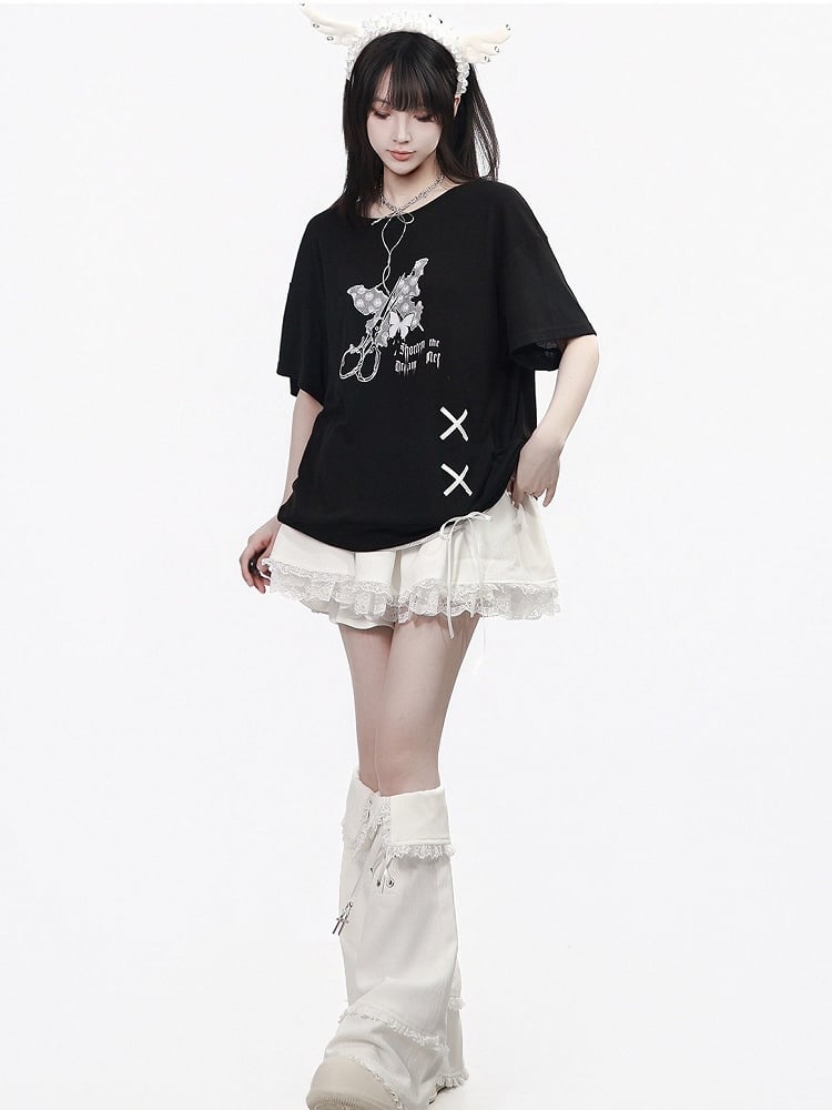 Black Butterfly Round Neck Top with Lace & Ribbon - PINK SAVIOR