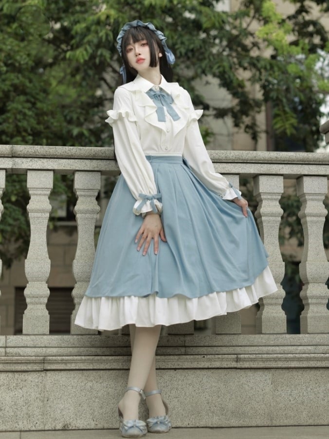 Button-Side Chiffon Colorblock with White Accent Bow Blue Skirt and