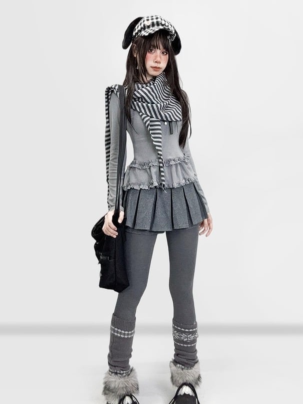Sleeve Long Velvet Fashion Ruffled Gray T-Shirt De Kawaii