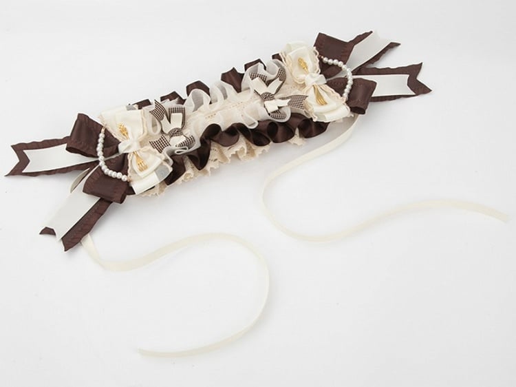 Lolita Brown Bead Sweet with White Ruffle Accents Bow Hairband and