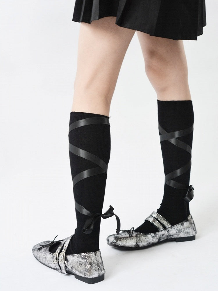Calf Strappy Ballet-Style Design White/Black Bowknot Socks