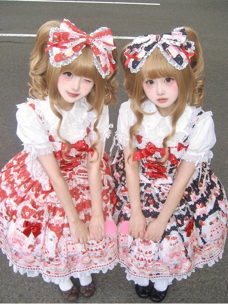 Set Black and Strawberry Desserts Full Sweet Print Lolita JSK /