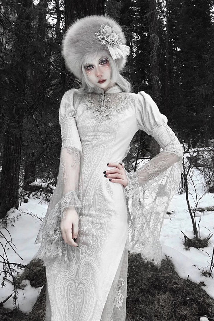 Silver V-Neck Long Sleeves High-Waisted Ruffle Lace Gothic Fishtail Dress