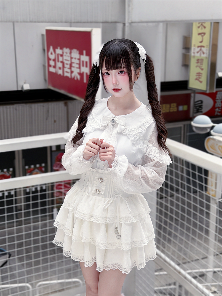 Multi-Layer White Ruffle Landmine Lace High-Waisted Style Skirt