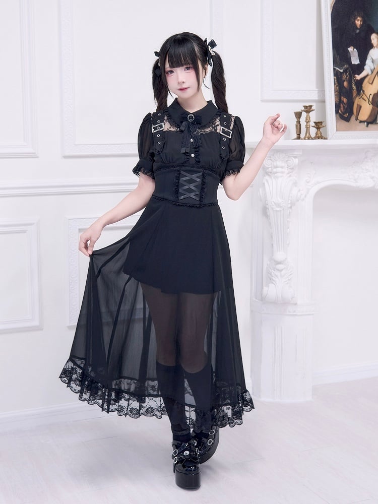 Illusion Black Neckline Dress Free Corset Jirai Buckle with Belt Adorned Kei Long