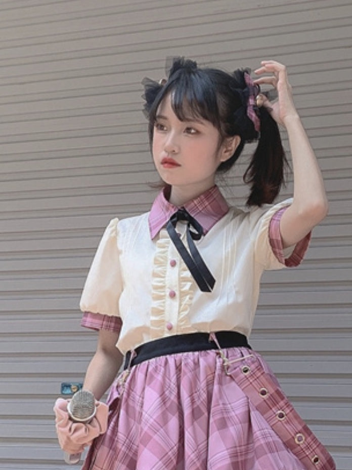 Idol Lolita Rosa karierte Haarspangen mit Schleife