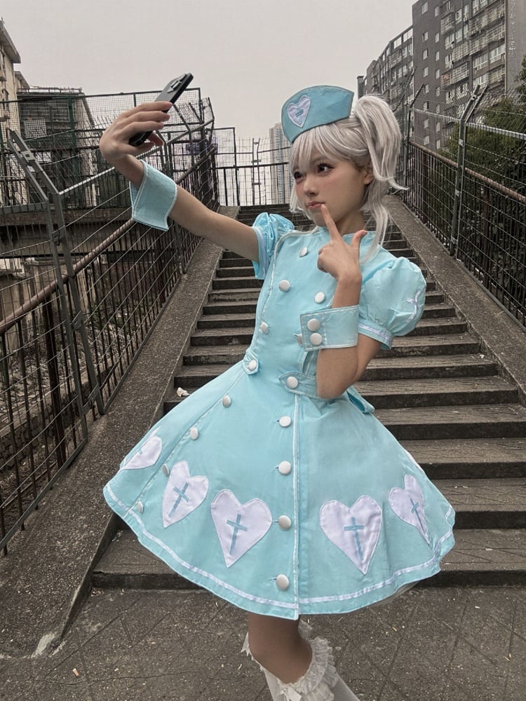 Heart Puff Patches Sleeves Lolita Blue White Dress Nurse Cross