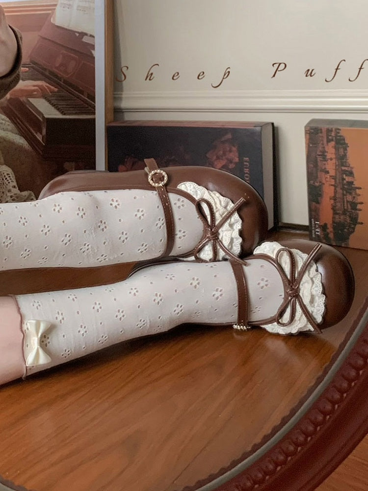 Schleife Trim Toe Brown Heels Mary Janes Runde Spitze Akzent 2,2 CM Dunkel Geknotet