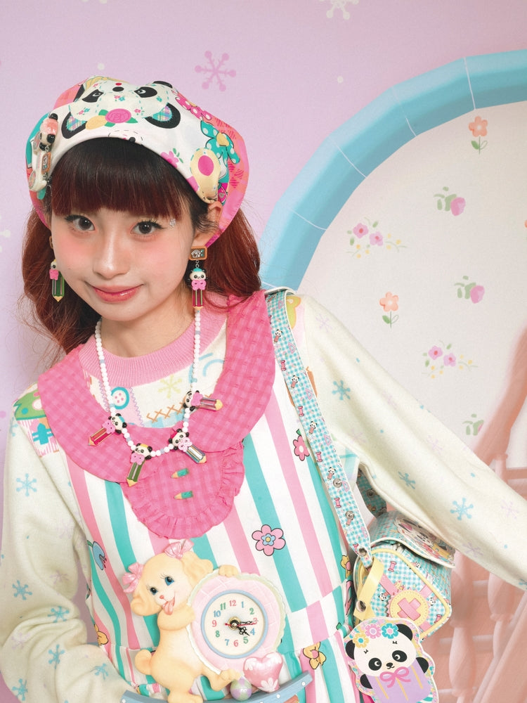 Rosa karierter Schal mit Blumenmuster und Panda