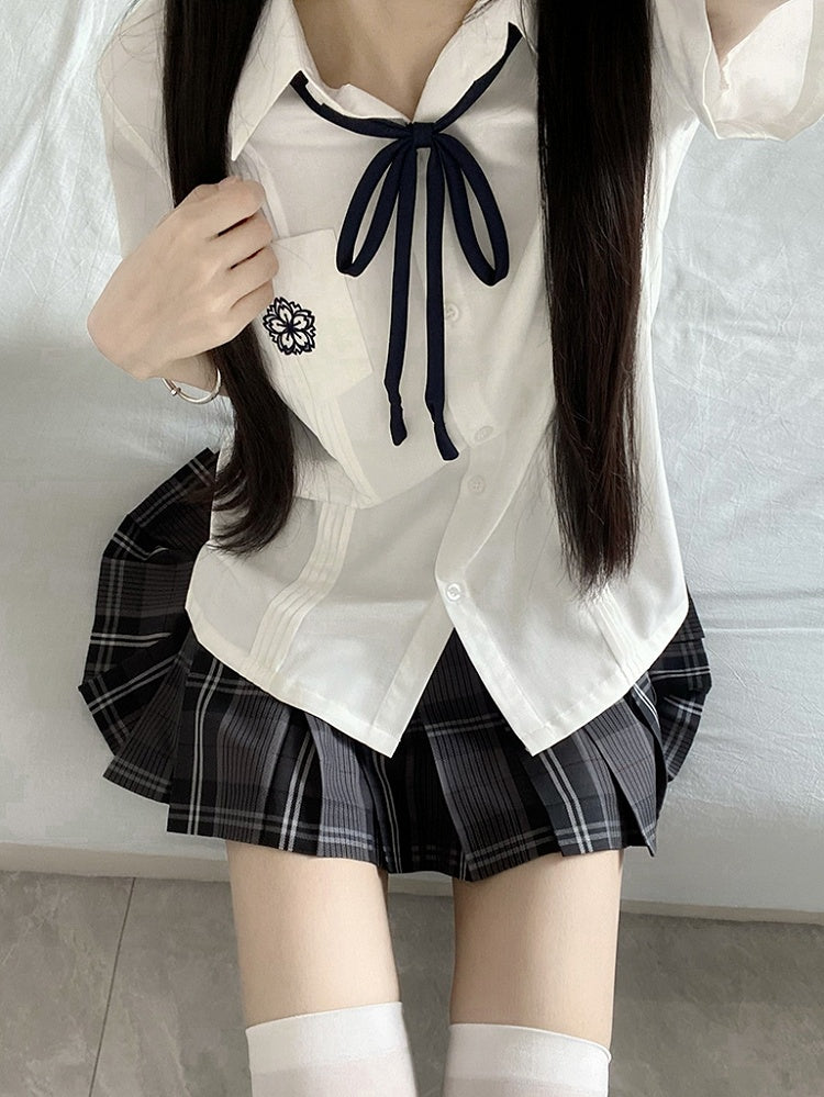 White Style Floral Uniform Shirt Short JK Pleating Details Embroidery Sleeves Preppy