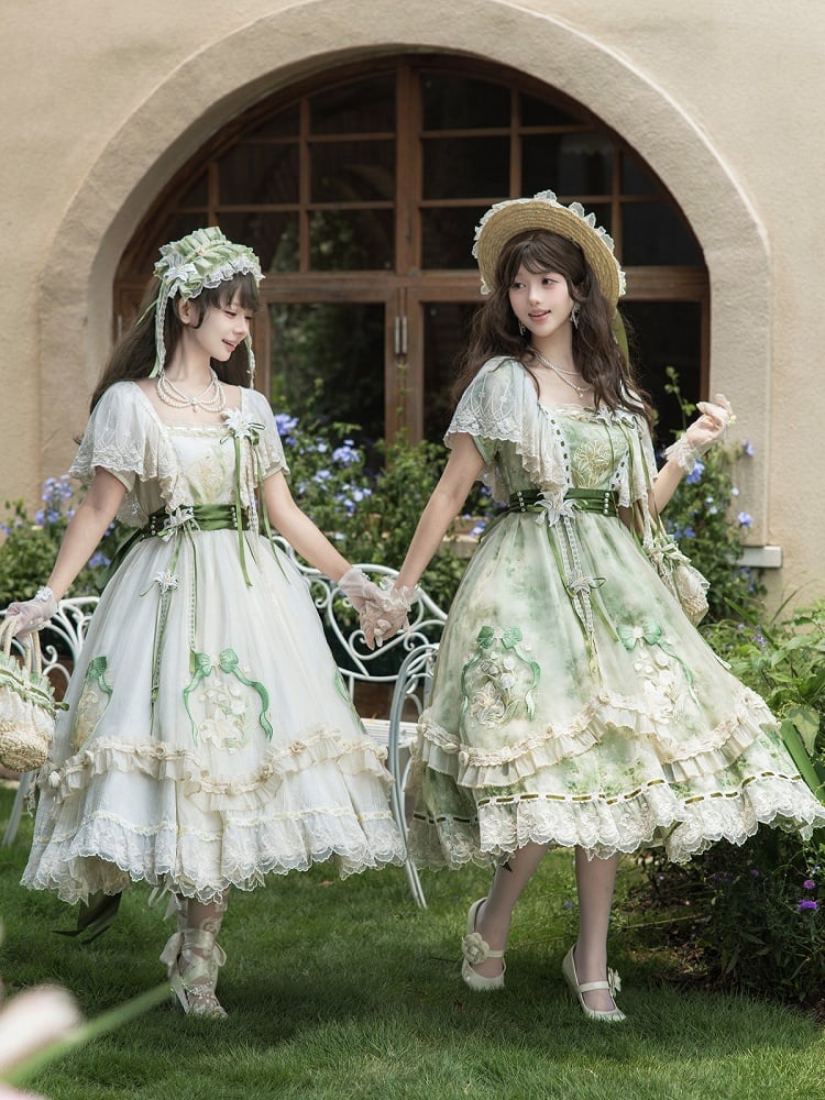 Beige Classic Lolita Long Dress Set with Embroidery & Lace Layers - Lunar Radiance