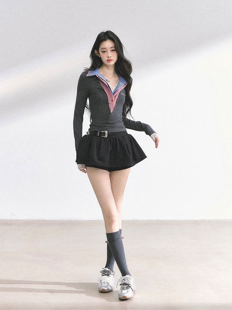 Karierter Kragen Grau Enganliegendes Top Faux Zweiteiler Rot