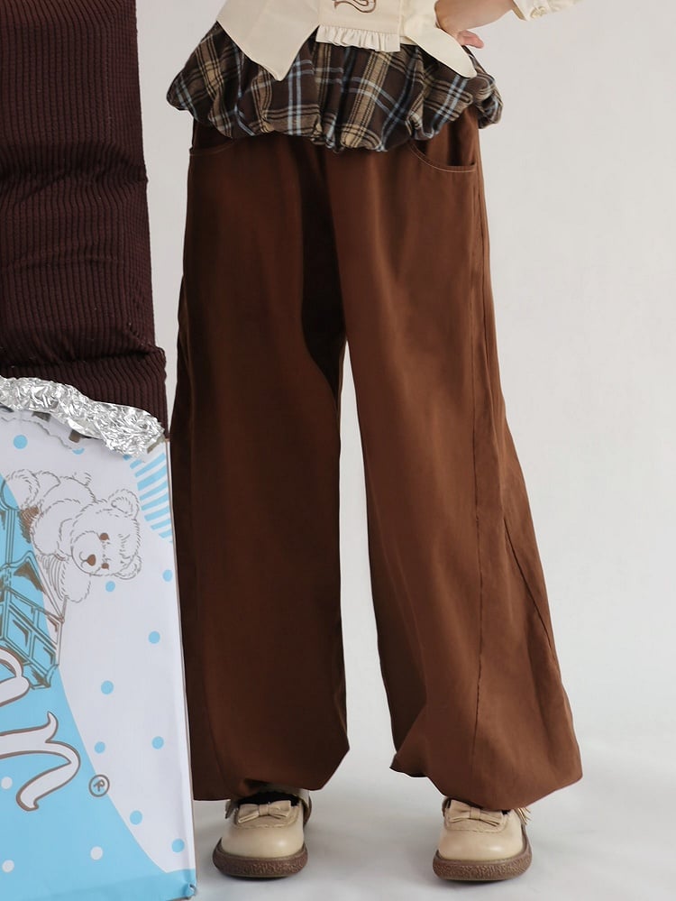and Plaid Pants Detail Wide-Leg Brown Pockets Ruffle with