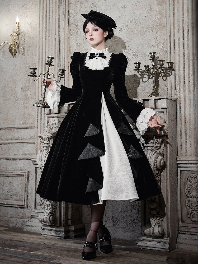 Black Cascading Lolita Elegant White Ruffled Dress Jacquard Ruffle Paneled Skirt with Fabric Neck