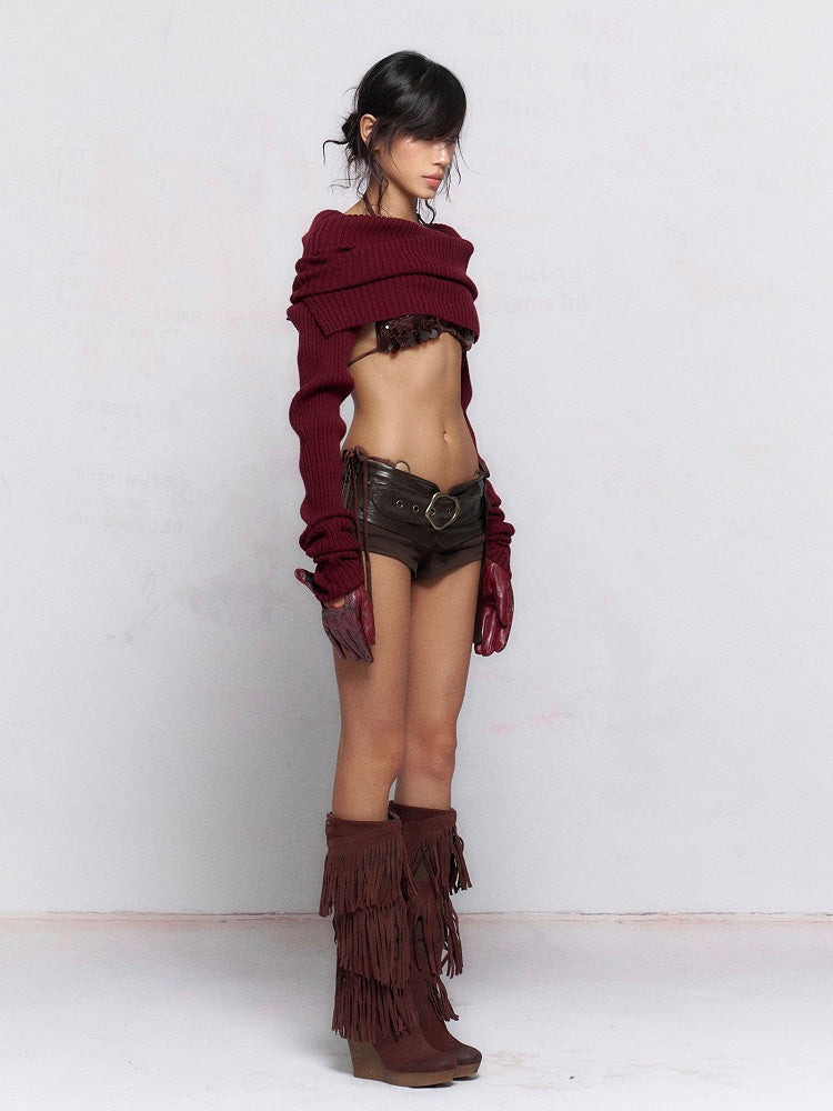 Red with Long Design Stacked Knit Sleeve Cropped Top Wine Collar