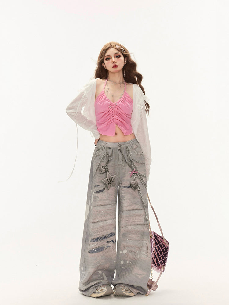 Top Pink Detailing Neck Slit Ruched Center with Halter Cami