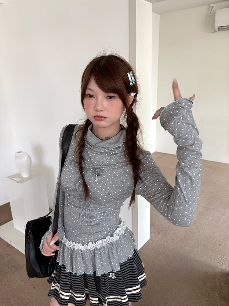 with Dots Ruffle Gray Polka Long T-Shirt Sleeve Neck Trim Lace