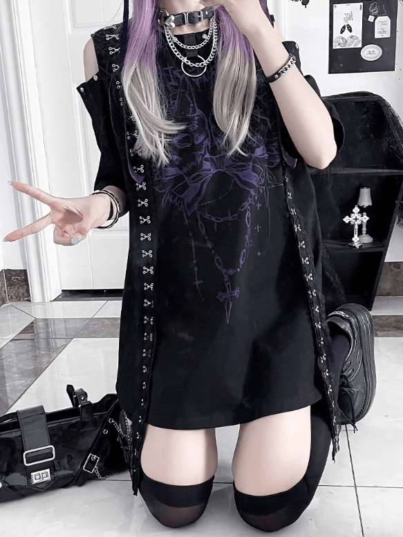 Cutout Punk T-shirt Shoulder Design Emo BlackPurple