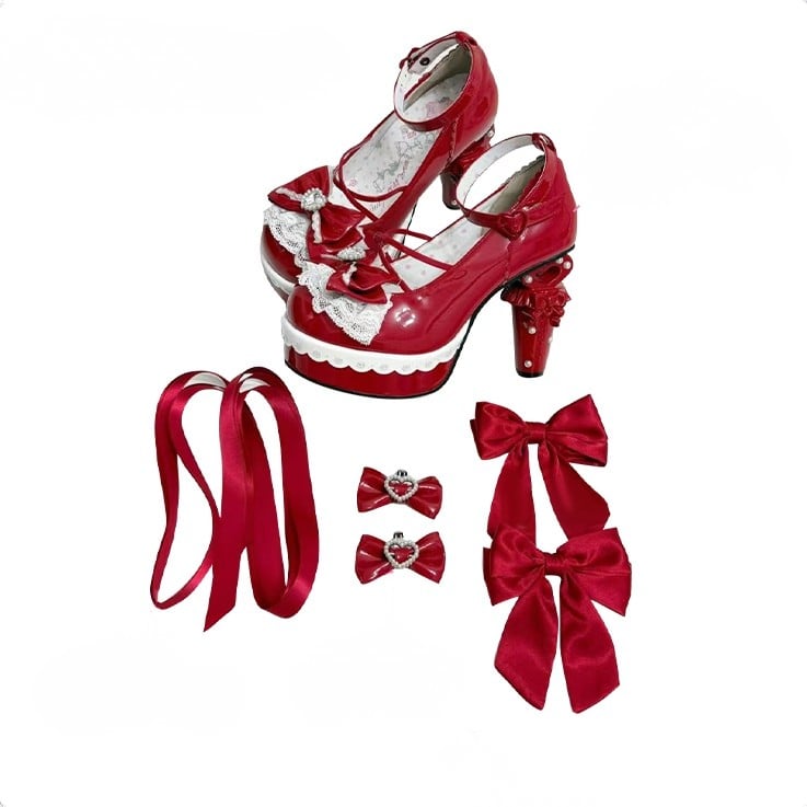 Shoes Heart Decor - High-heel PU Leather Details Bowknot Green