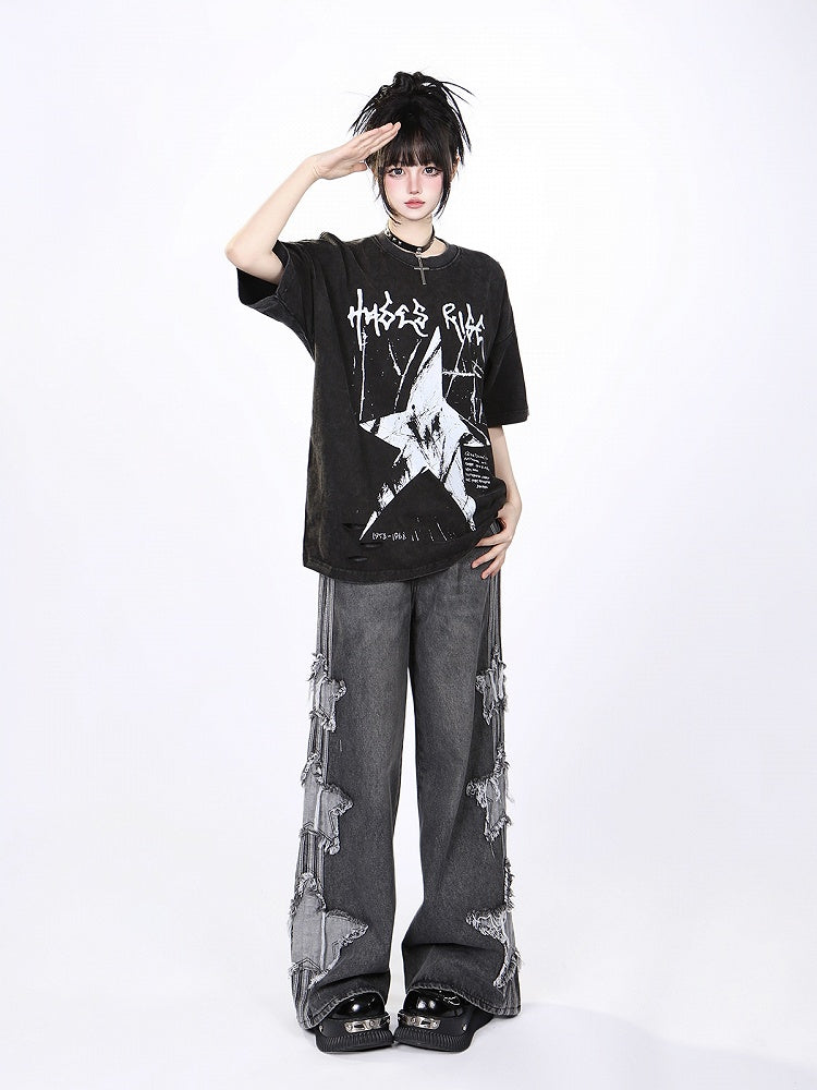 Black/White Vintage Washed Oversized Star Print T-Shirt