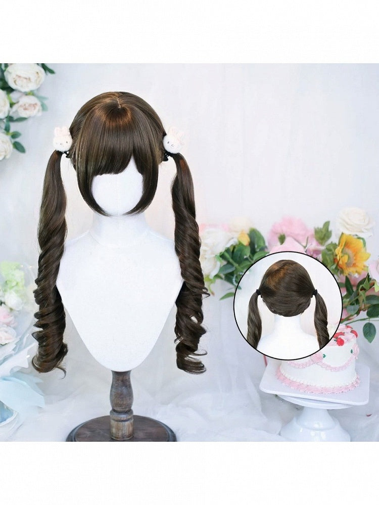 Brown 65cm Air Bangs Long Curly Wig with Twin Tails - Dalao Home