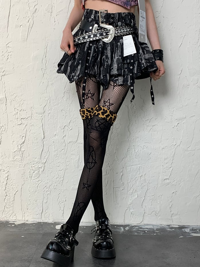 Black Cuffs Over-knee Pattern Y2K Stockings Semi-sheer Leopard