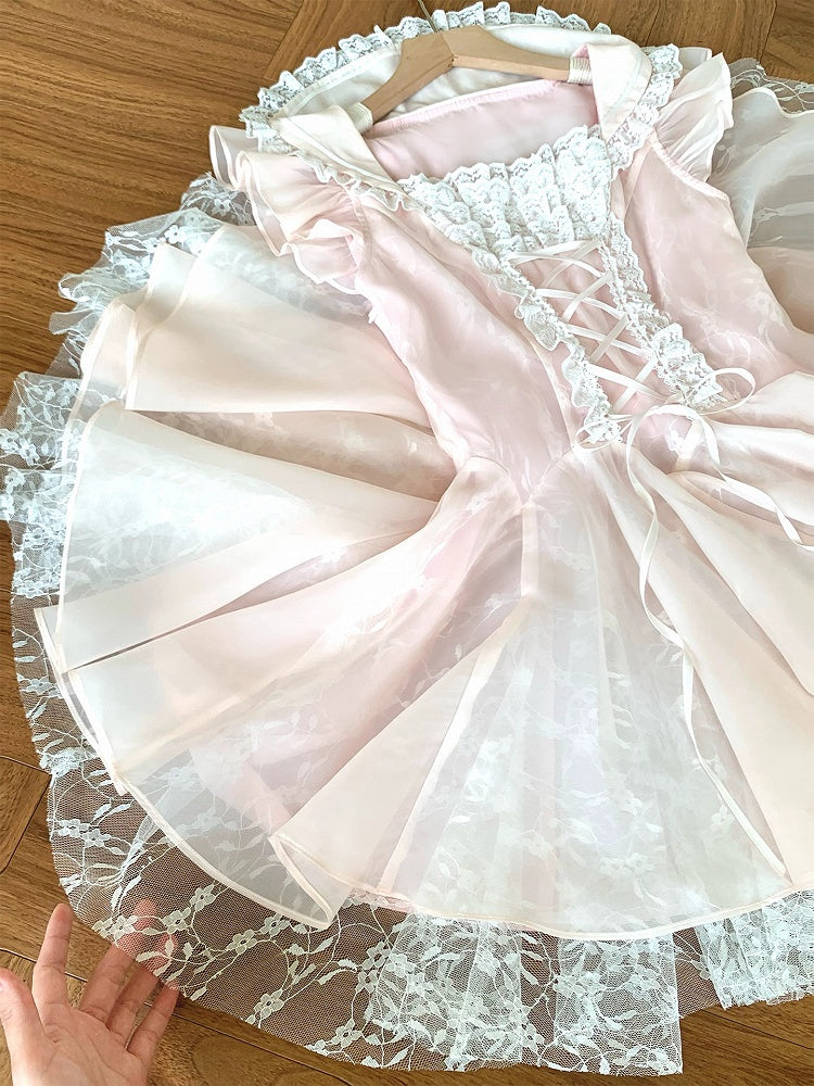 Trim Flutter Sleeves Balletcore Pink Lace-up Waist Lace Dress