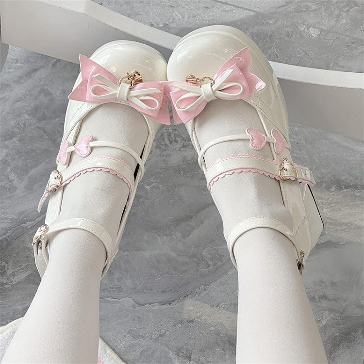 High-heel Heart Round-Toe Elegant Bow with White Charm Janes Decor and Top at Lolita Mary Pink