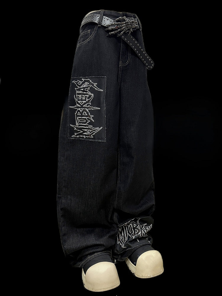 Dark Cut Applique Letter Jeans Blue Straight-leg