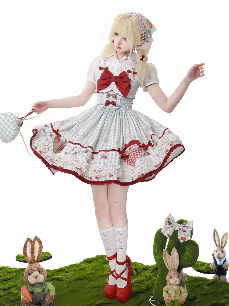 Kirschkleid Print Blau Lolita Süßer Pullover Rock Rot Gingham